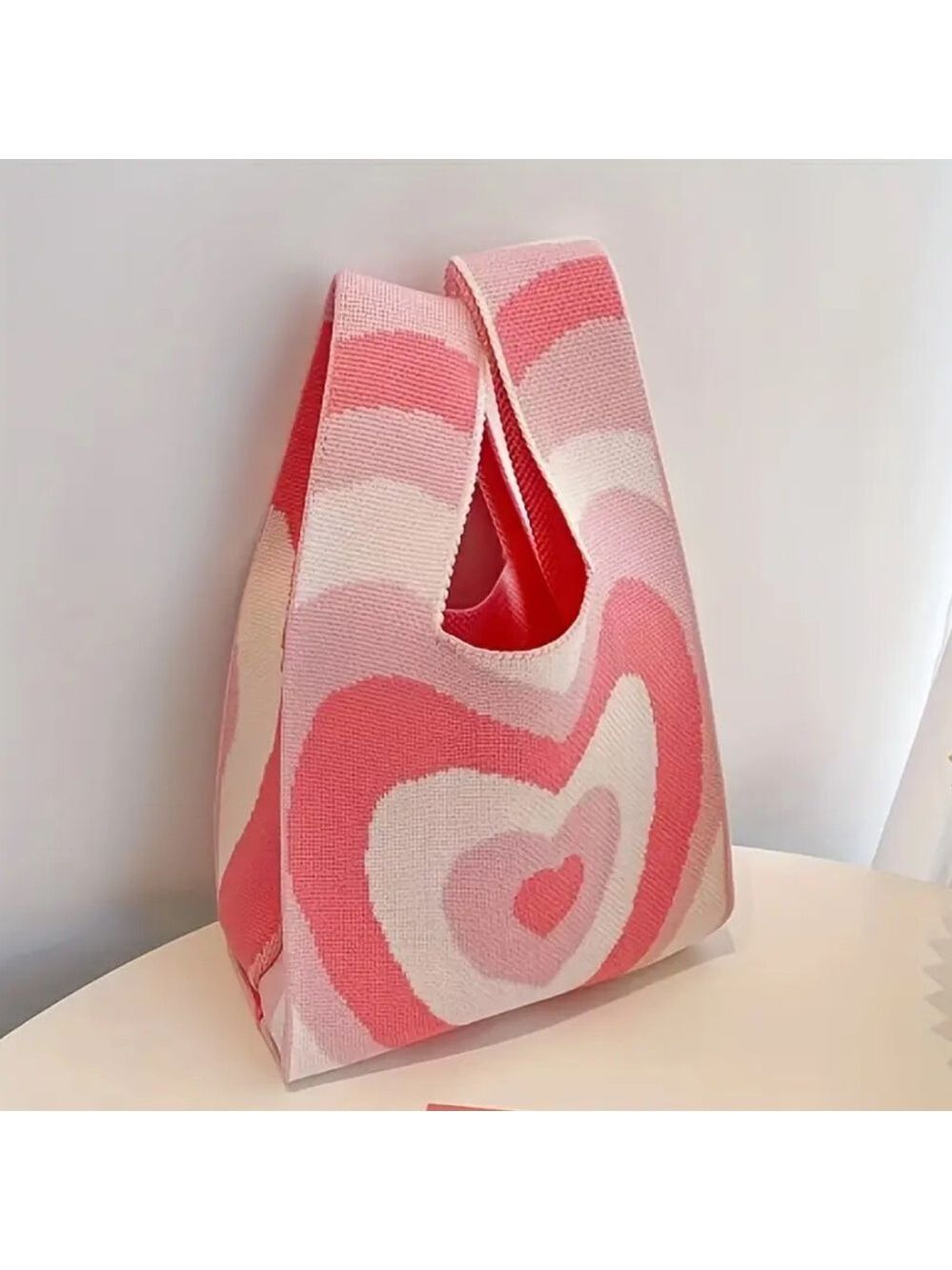Heavy Woven Knit Heart Pattern Tote Purse Bag Japanese Knot  Closure Style